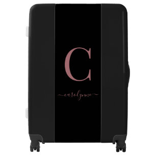 Elegant Black Pink Rose Gold Monogram Script Luggage