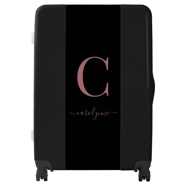 Elegant Black Pink Rose Gold Monogram Script Luggage (Front)