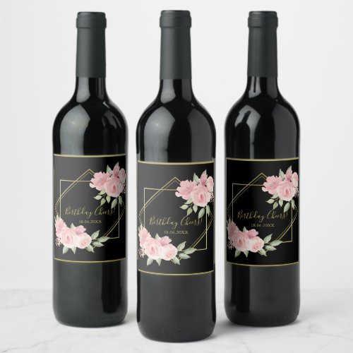 Elegant black pink roses birthday wine label