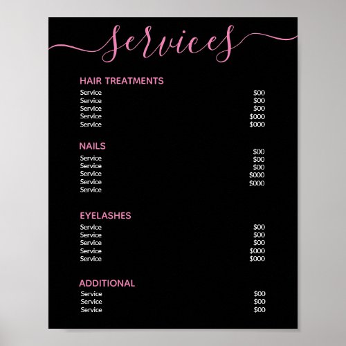 Elegant Black Pink Salon Price List Service Menu Poster