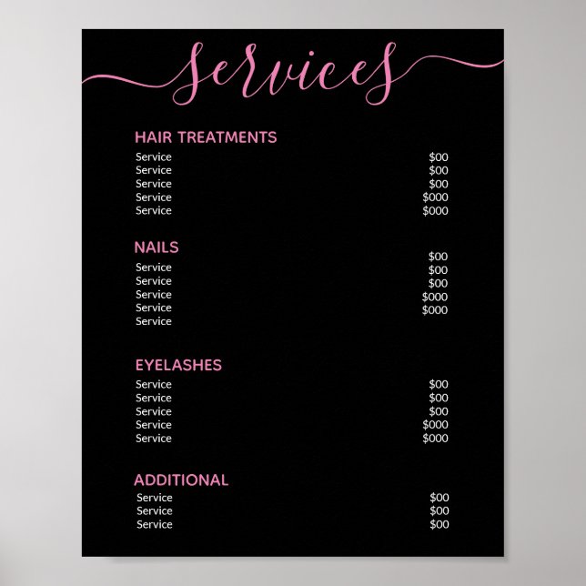 Elegant Black Pink Salon Price List Service Menu Poster (Front)