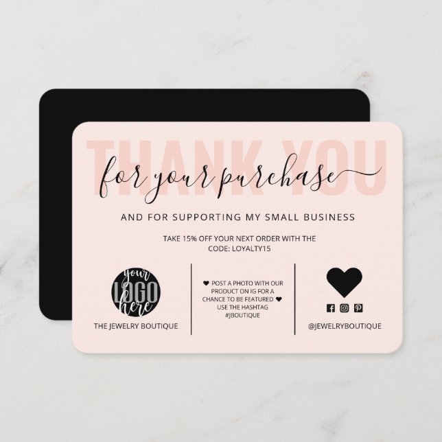 Elegant Black Pink Script Logo Customer Thank You (Front/Back)