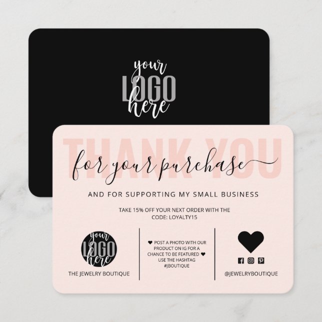 Elegant Black Pink Script Logo Customer Thank You Card (Front/Back)