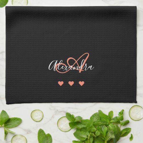 Elegant Black Pink Script Name Monogram Kitchen Towel