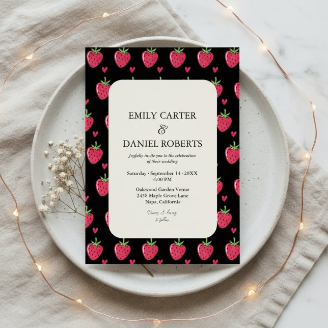 Elegant Black & Pink Strawberry Wedding Invitation (Creator Uploaded)