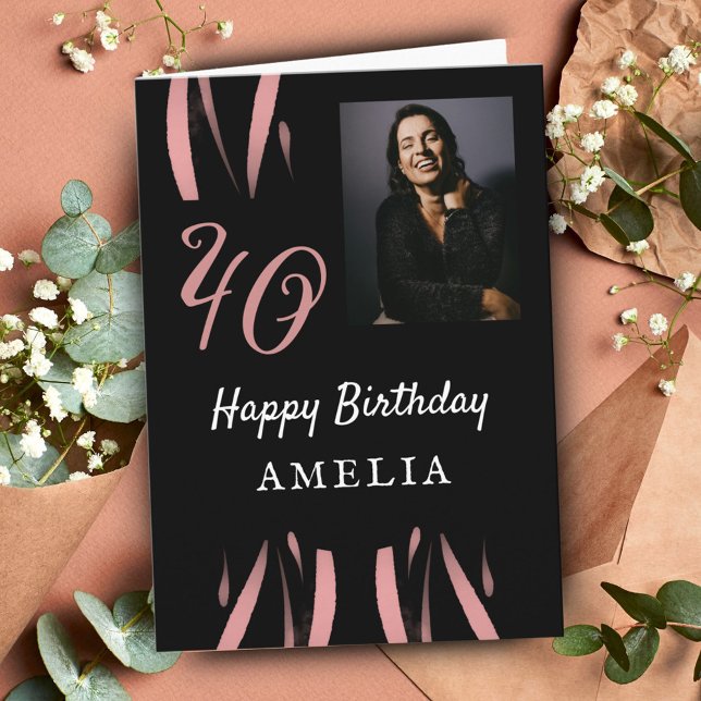 Elegant Black Pink Watercolor 40th Birthday Photo Card (Creator Uploaded)
