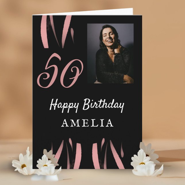 Elegant Black Pink Watercolor 50th Birthday Photo Card (Creator Uploaded)