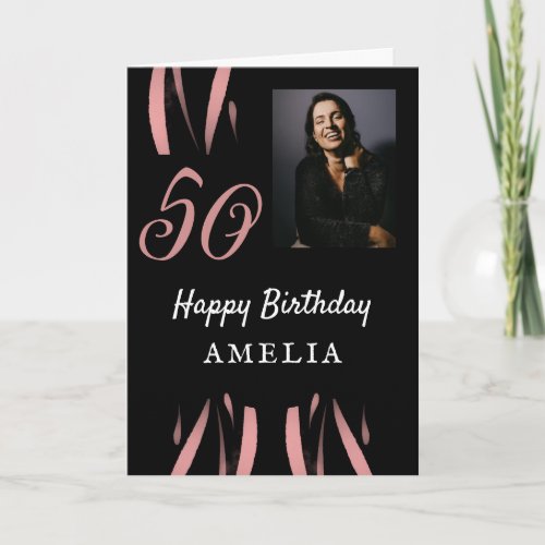 Elegant Black Pink Watercolor 50th Birthday Photo Card