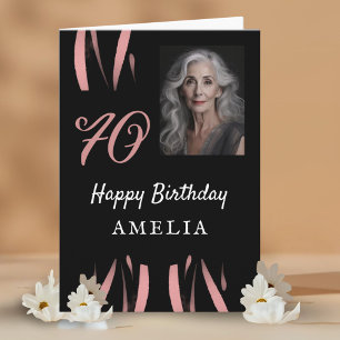 Elegant Black Pink Watercolor 70th Birthday Photo Card