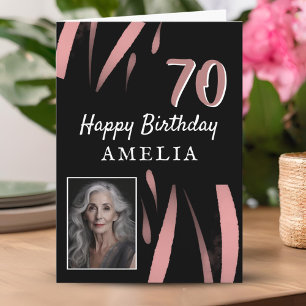 Elegant Black Pink Watercolor 70th Birthday Photo Card
