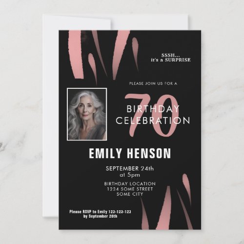 Elegant Black Pink Watercolor 70th Birthday Photo Invitation