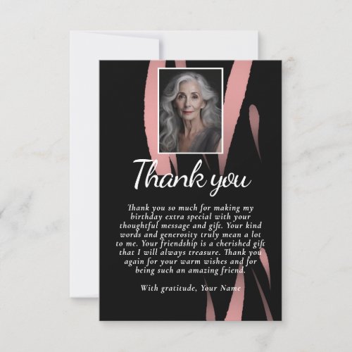 Elegant Black Pink Watercolor 70th Birthday Photo Thank You Card