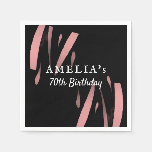 Elegant Black Pink Watercolor 70th Happy Birthday  Napkins