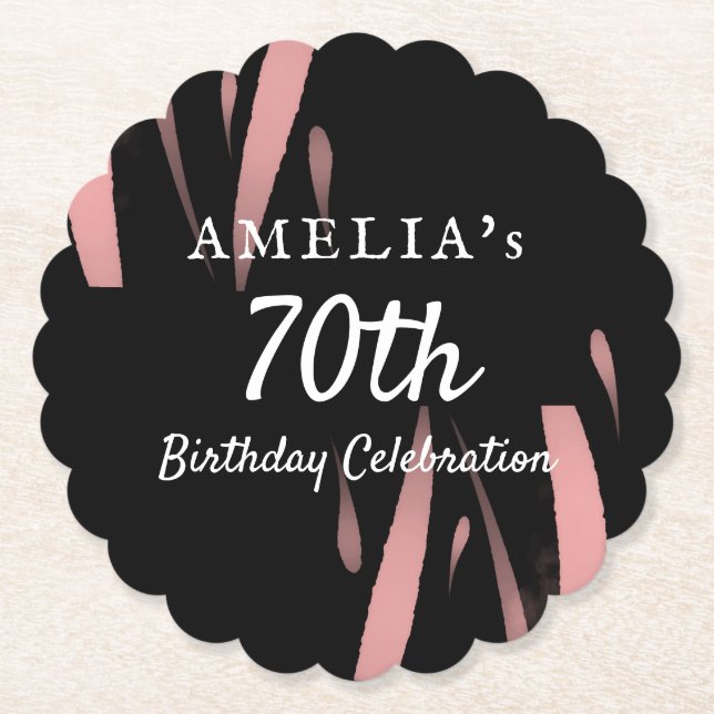 Elegant Black Pink Watercolor 70th Happy Birthday  Paper Coaster (Front)
