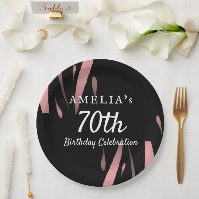 Elegant Black Pink Watercolor 70th Happy Birthday  Paper Plates (Wedding)