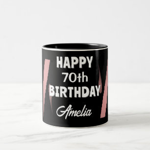 Elegant Black Pink Watercolor 70th Happy Birthday Two-Tone Coffee Mug
