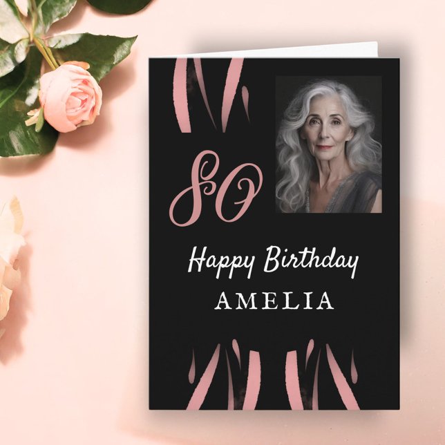 Elegant Black Pink Watercolor 80th Birthday Photo Card (Creator Uploaded)