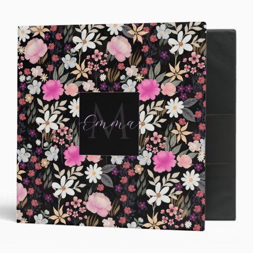 Elegant Black Pink Wildflowers Boho Floral Paint 3 Ring Binder