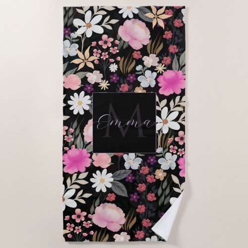 Elegant Black Pink Wildflowers Boho Floral Paint Beach Towel