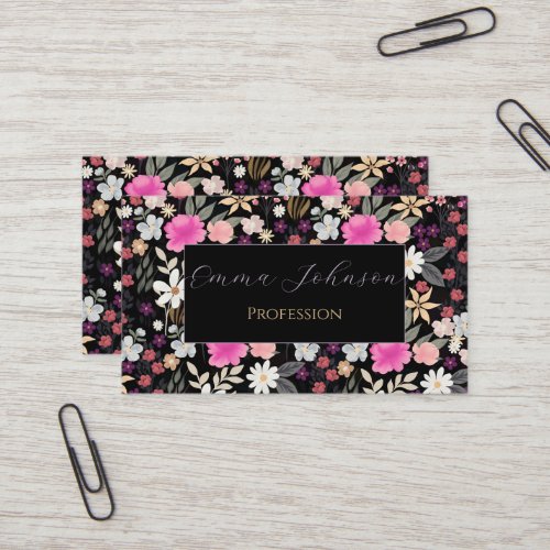 Elegant Black Pink Wildflowers Boho Floral Paint Business Card