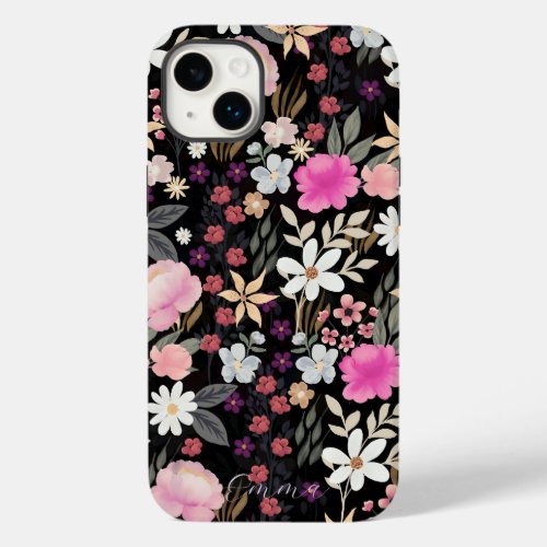 Elegant Black Pink Wildflowers Boho Floral Paint Case_Mate iPhone 14 Plus Case