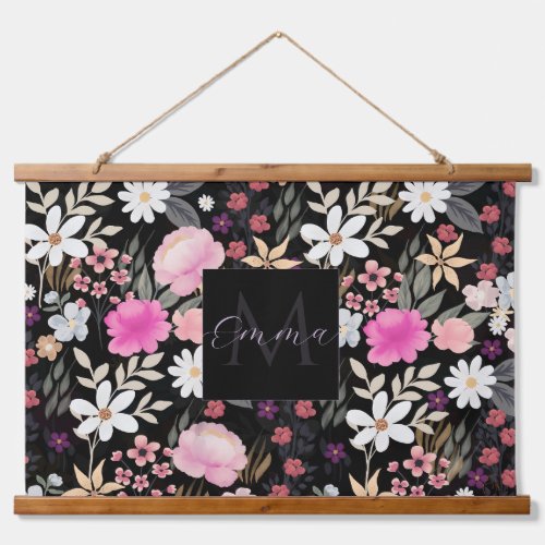 Elegant Black Pink Wildflowers Boho Floral Paint Hanging Tapestry