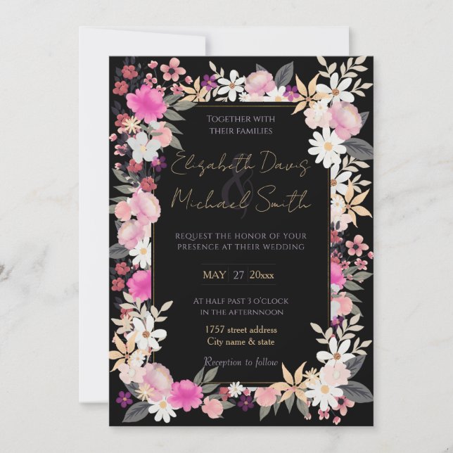 Elegant Black Pink Wildflowers Boho Floral Paint Invitation (Front)