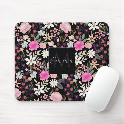 Elegant Black Pink Wildflowers Boho Floral Paint Mouse Pad