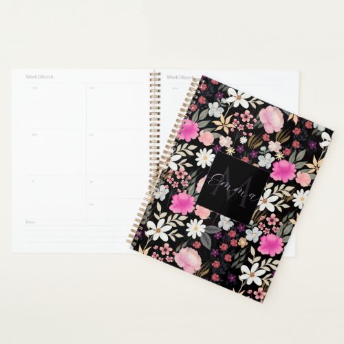 Elegant Black Pink Wildflowers Boho Floral Paint Planner