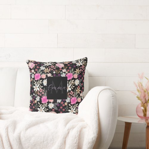 Elegant Black Pink Wildflowers Boho Floral Paint Throw Pillow