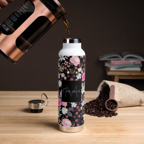 Elegant Black Pink Wildflowers Boho Floral Paint Water Bottle