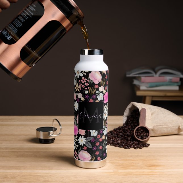 Elegant Black Pink Wildflowers Boho Floral Paint Water Bottle (Coffee)