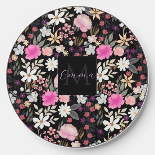 Elegant Black Pink Wildflowers Boho Floral Paint Wireless Charger