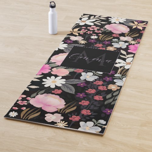 Elegant Black Pink Wildflowers Boho Floral Paint Yoga Mat