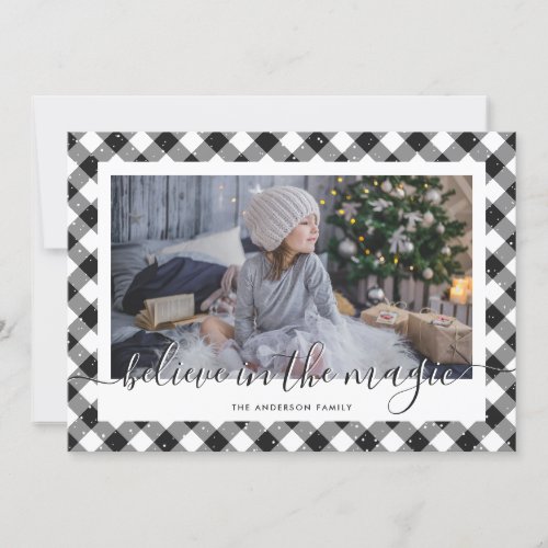 Elegant Black Plaid Believe Photo Holiday Card