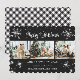 Elegant Black Plaid Snowflake Photo Holiday Card