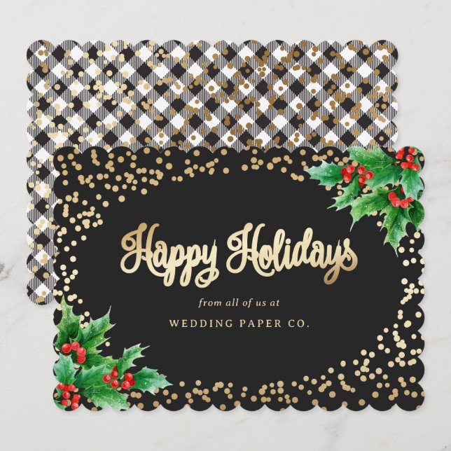 Elegant Black Plaid Watercolor Holly Business Holiday Card (Front/Back)