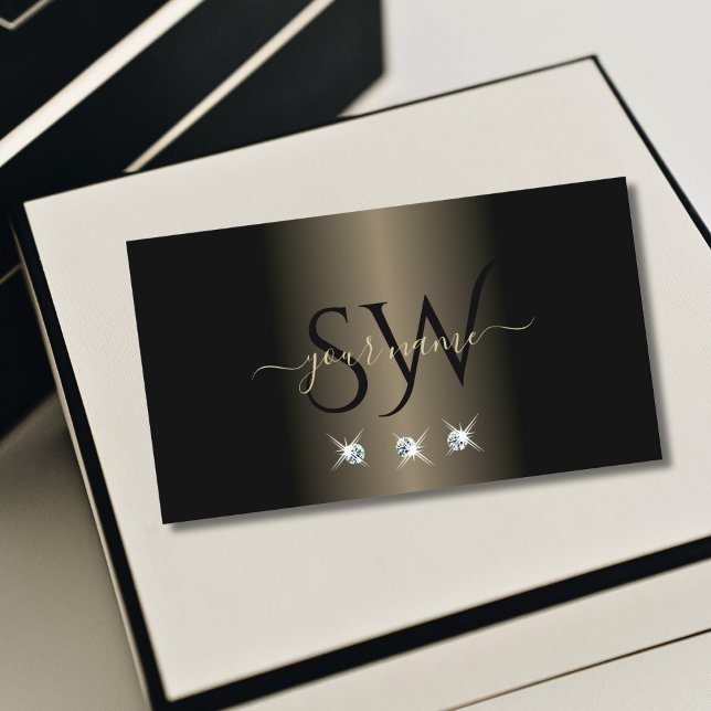 Elegant Black Platinum Sparkling Diamonds Monogram Business Card (Creator Uploaded)