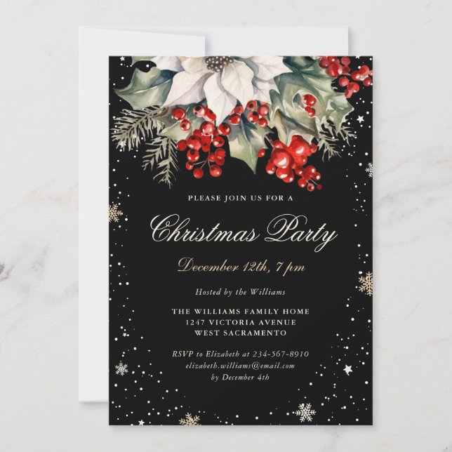 Elegant Black Poinsettia Berries Christmas Party Invitation (Front)