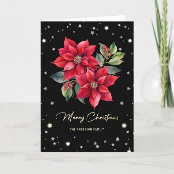 Elegant Black Poinsettia Photo Merry Christmas Holiday Card by palettepaperco at Zazzle