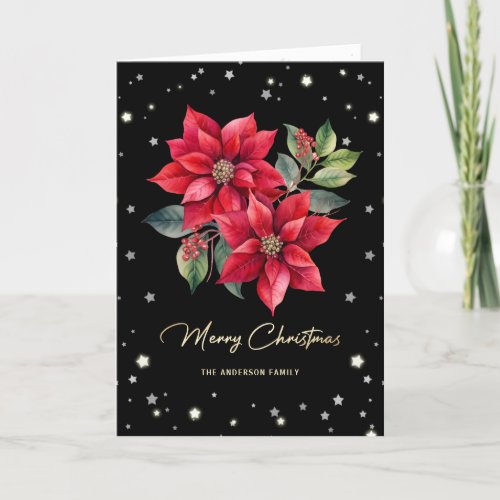 Elegant Black Poinsettia Photo Merry Christmas Holiday Card