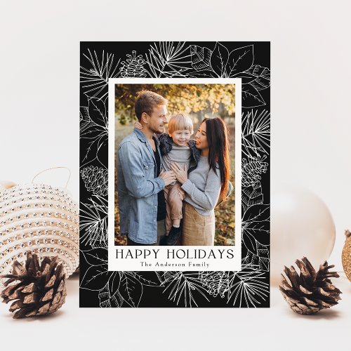 Elegant Black Poinsettias and Pine Cones Photo Holiday Card