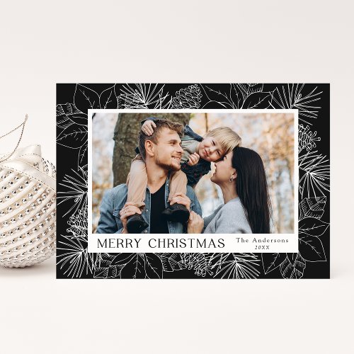 Elegant Black Poinsettias and Pine Cones Photo Holiday Card