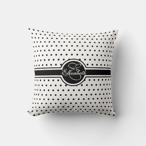 Elegant Black Polka Dots on White Monogram Throw Pillow