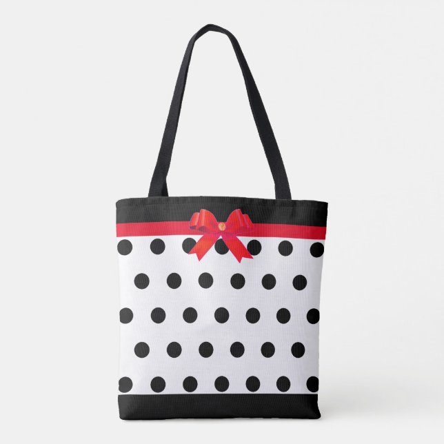 Elegant Black Polka Dots with Red Ribbon Tote Bag (Back)