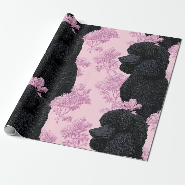 Elegant Black Poodle Botanical Wrapping Paper (Unrolled)