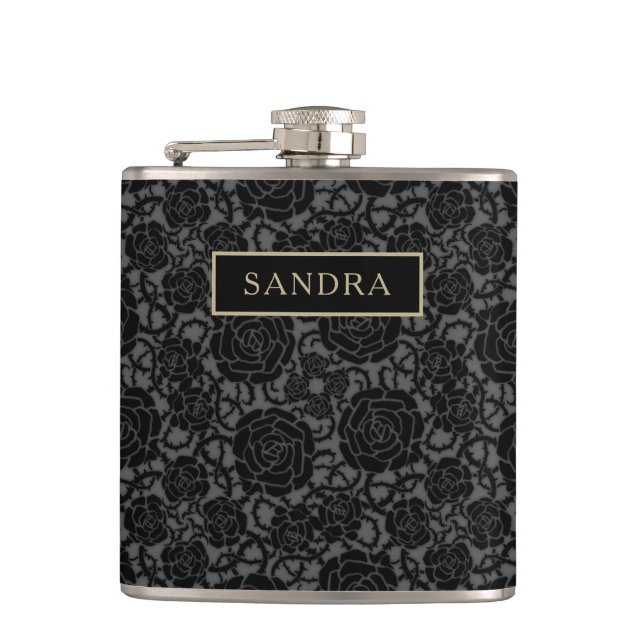 Elegant black printed lace pattern with name flask (Front)