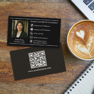 Elegant Black Professional Custom Photo & QR Code Business Card