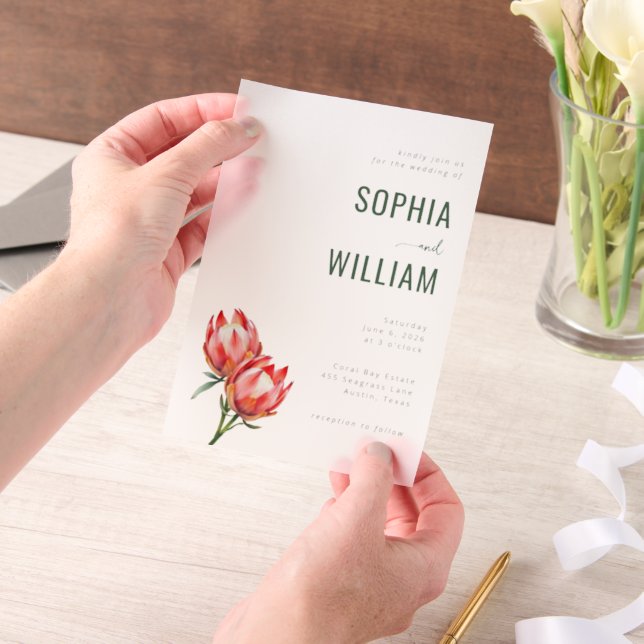 Elegant Black Protea Floral Vellum Invitations (Handheld)