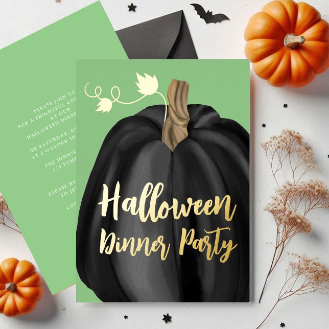 Elegant Black Pumpkin Halloween Dinner Party Foil Invitation (Green Gold Script Pumpkin Halloween Dinner Party Foil Invitation)